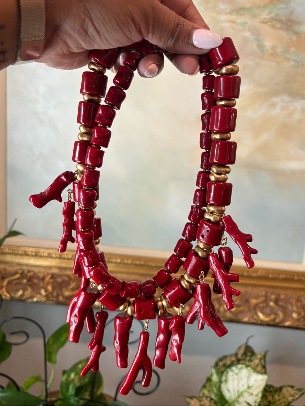 ZARA -  Coral Statement Necklace with Gold Accents (Resin)